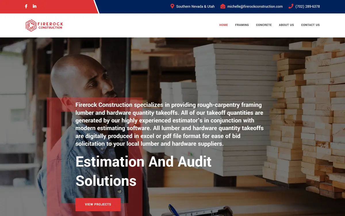 Homepage of Firerock Construction, a wood framing contractor in Southern Nevada.